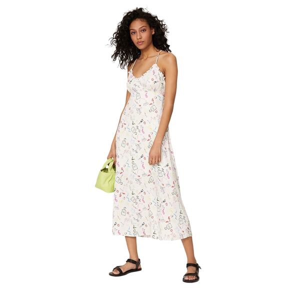 Maje White Print Retake Ruffle V Neck Strappy Midi Dress Size 34/XS - Picture 1 of 10